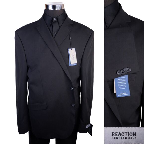 Kenneth Cole Reaction Men's Suit Jacket Sport Coat Solid Black Sz 50R Two Button - Picture 1 of 15
